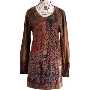 Ness Ruched Print Tunic Dress | Artsy Y2K Boho | Stretch Size Large